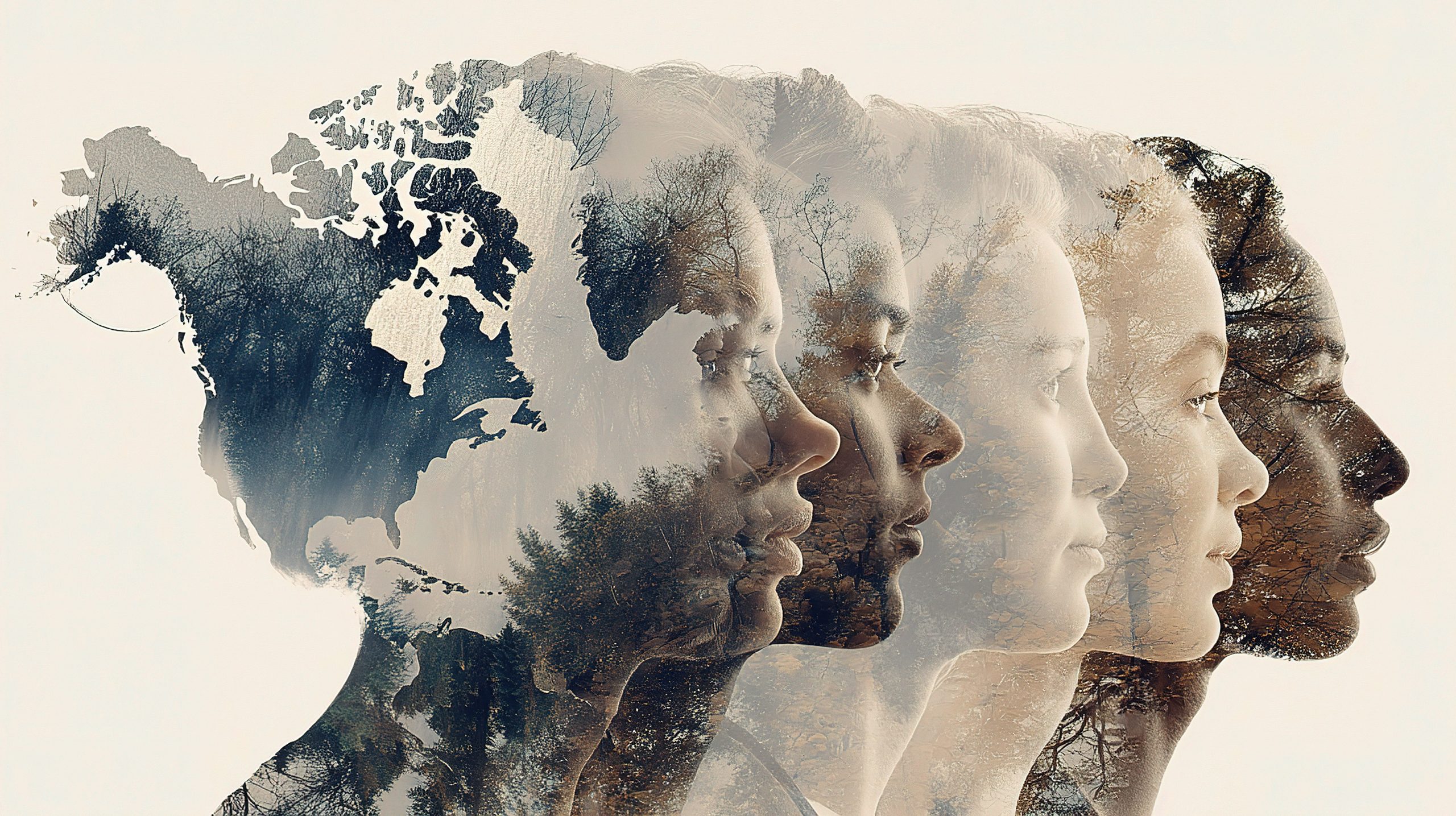 Four faces in profile blended with a world map