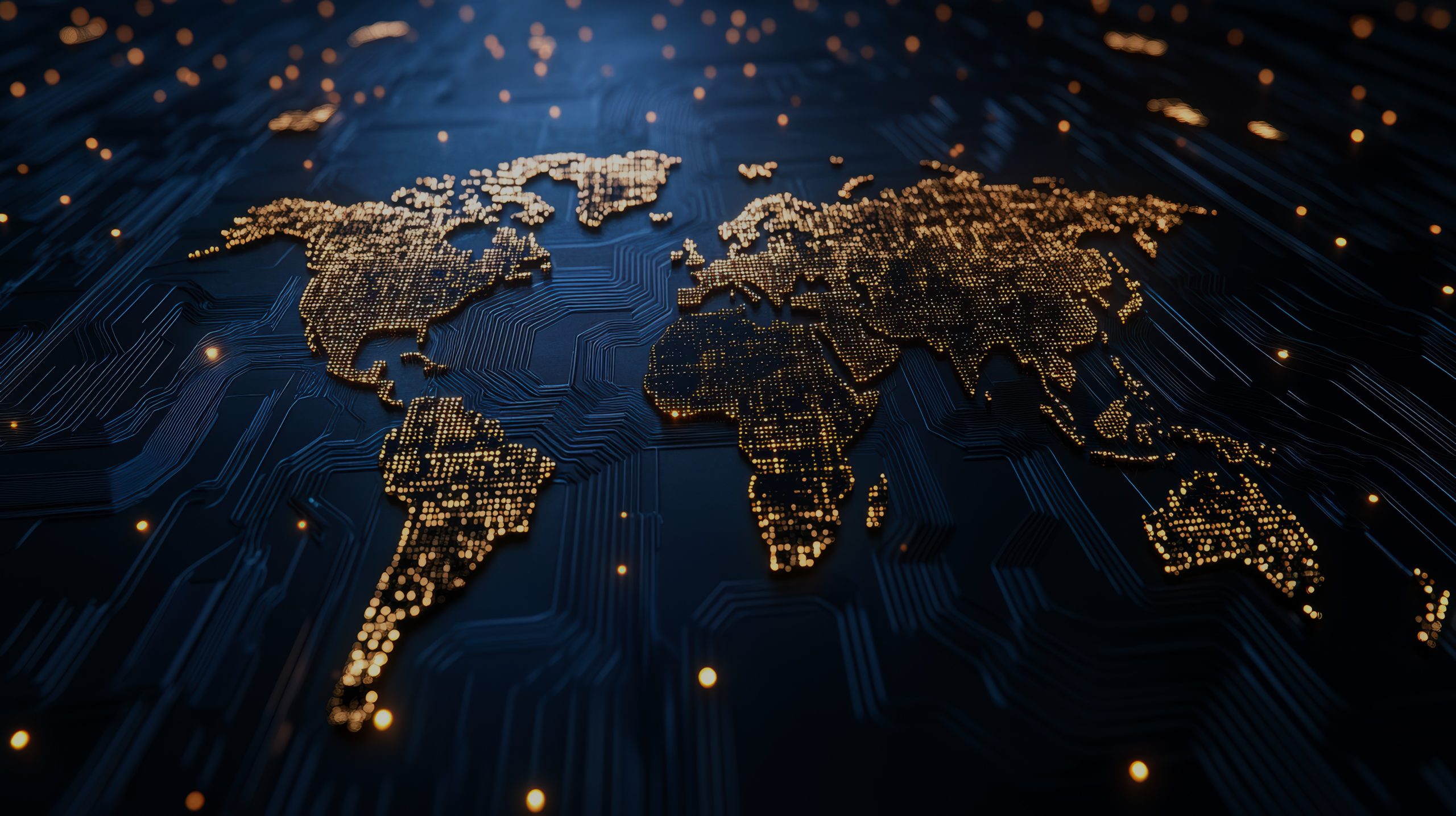 Glowing world map on a dark circuit board