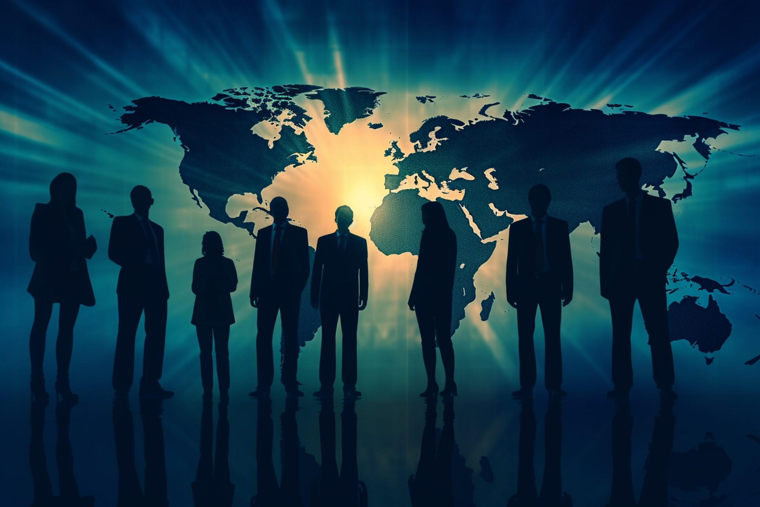 Silhouettes of business people in front of a world map
