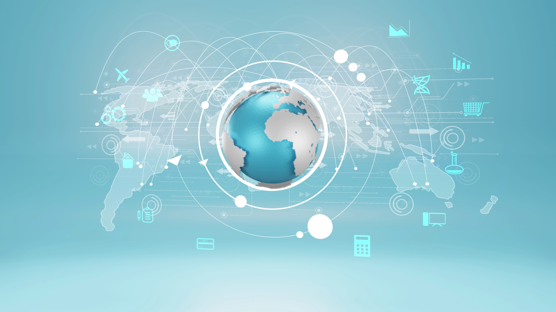 Globe connected to icons for industries around the world