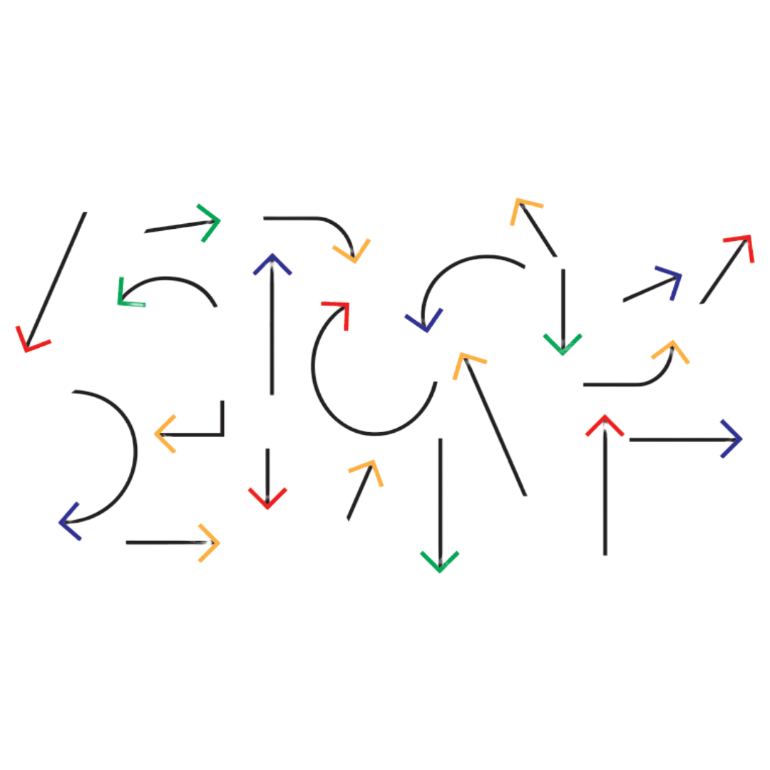 Abstract collage of colorful arrows pointing in many directions, forming a tangled network of paths against a dark background.
