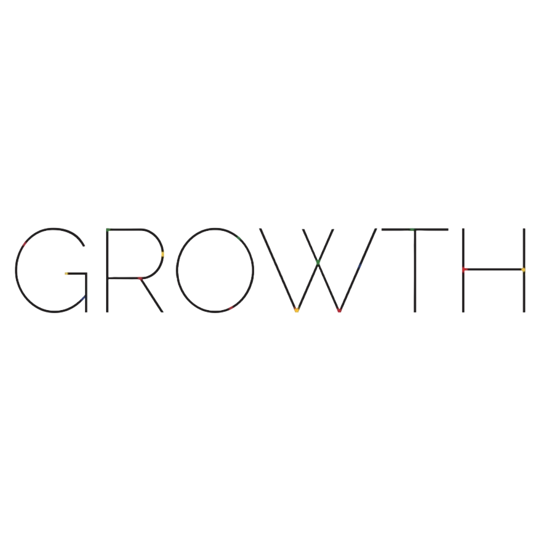 Logo wordmark 'GROWTH' in a thin outlined font on a black background with subtle color specks.