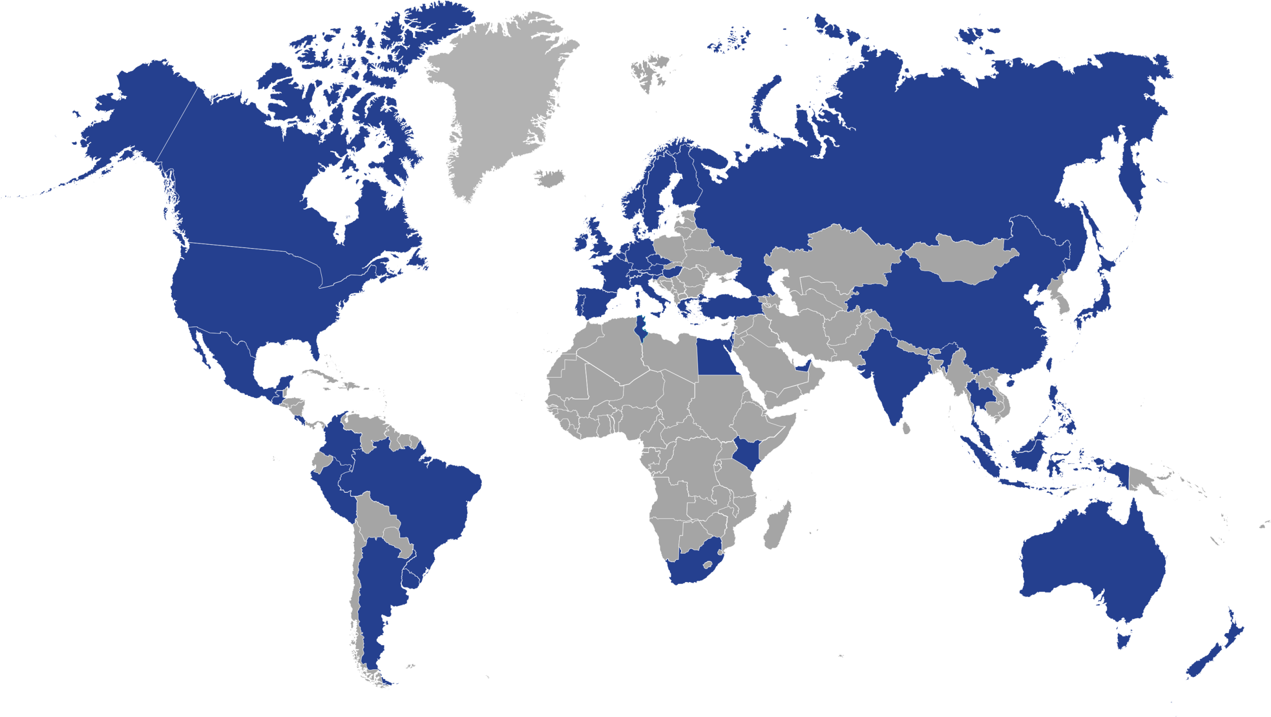 World map with blue-highlighted countries and gray others, indicating selected nations.