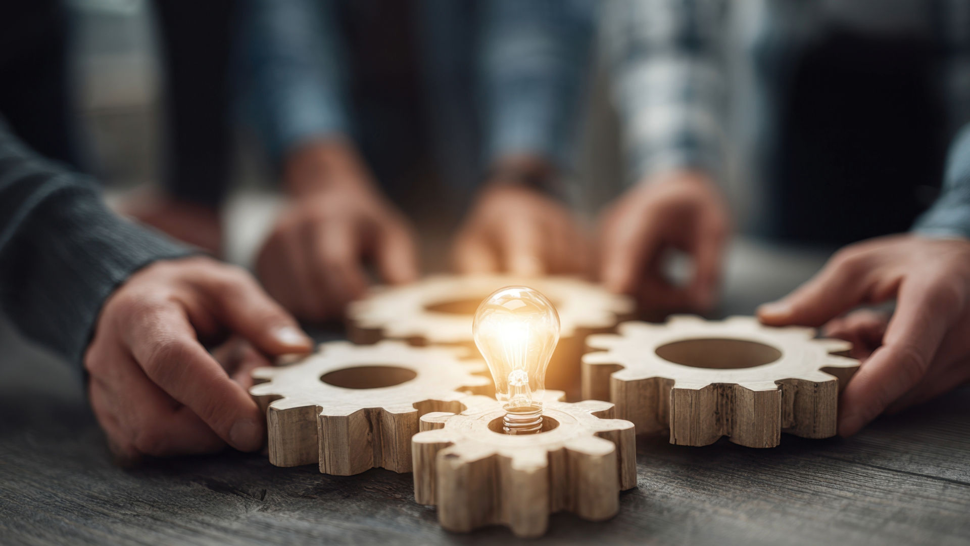 Hands arrange wooden gears around a glowing lightbulb, symbolizing teamwork and innovation.