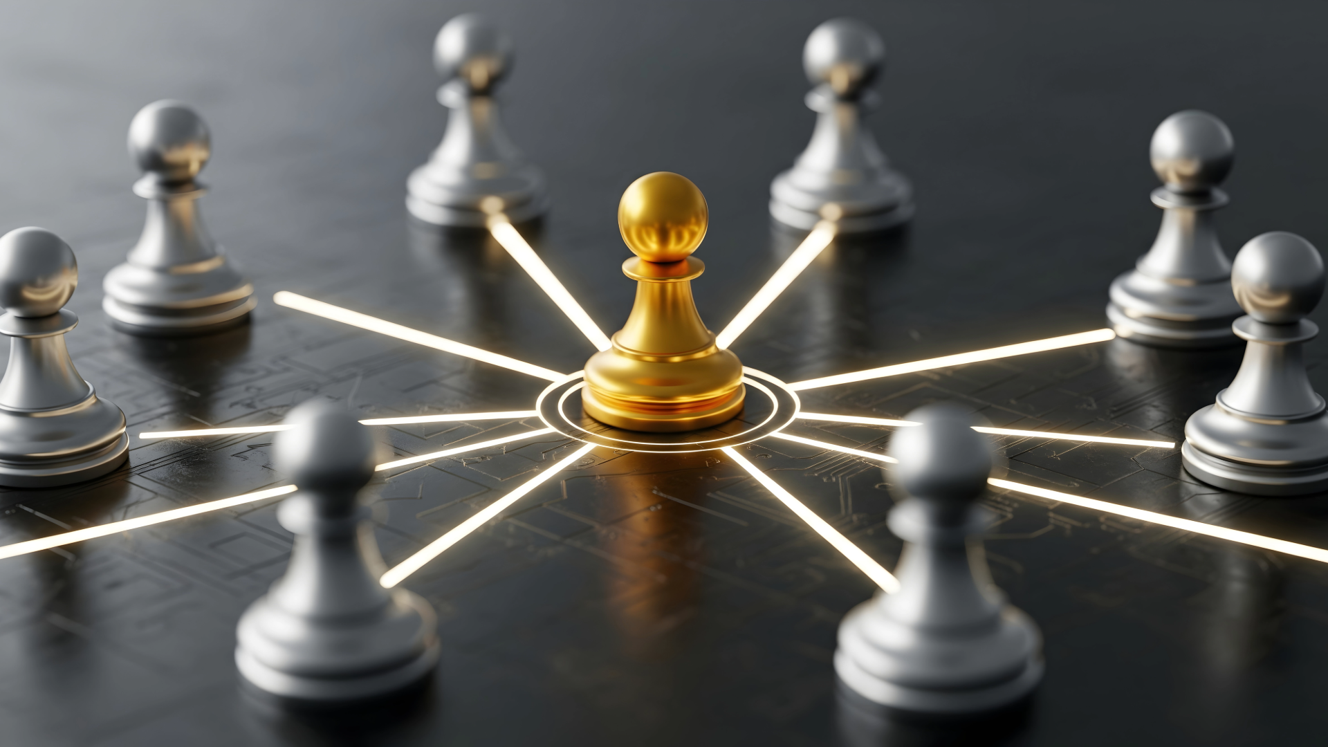 Gold chess pawn at the center connected by glowing lines to surrounding silver pawns, symbolizing leadership and networked coordination.