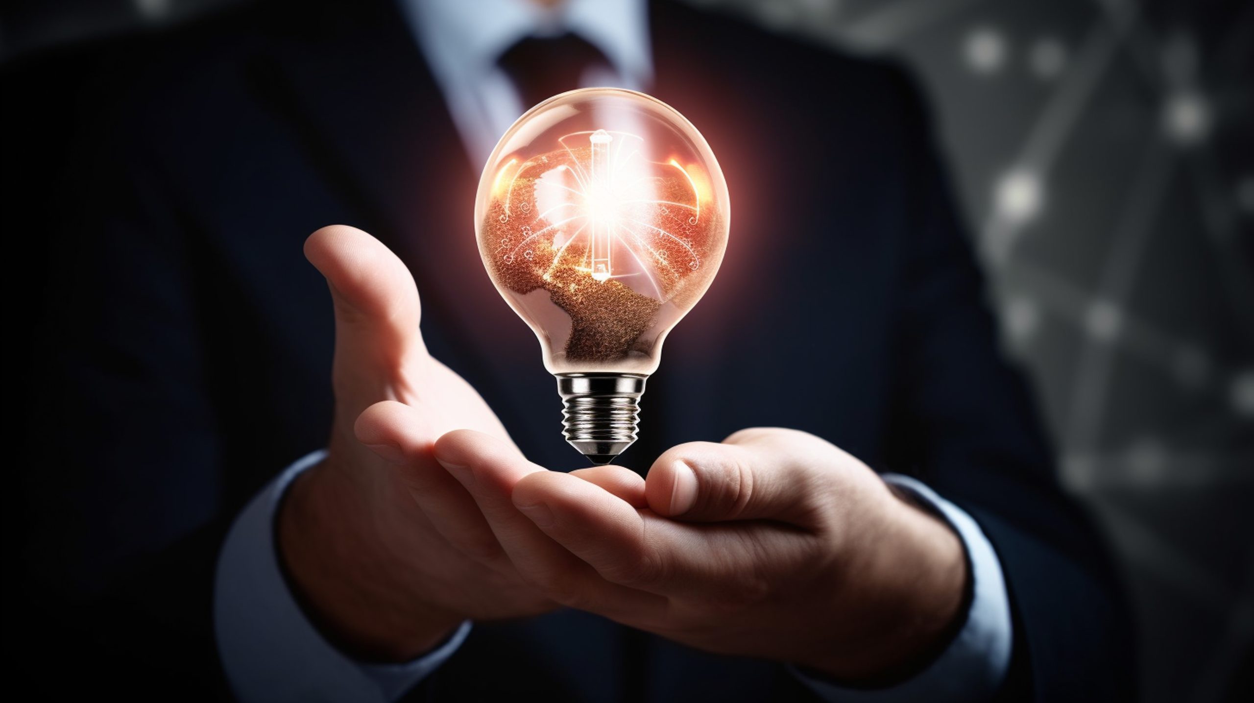 Person in a dark suit holding a glowing light bulb between cupped hands, symbolizing a bright idea.