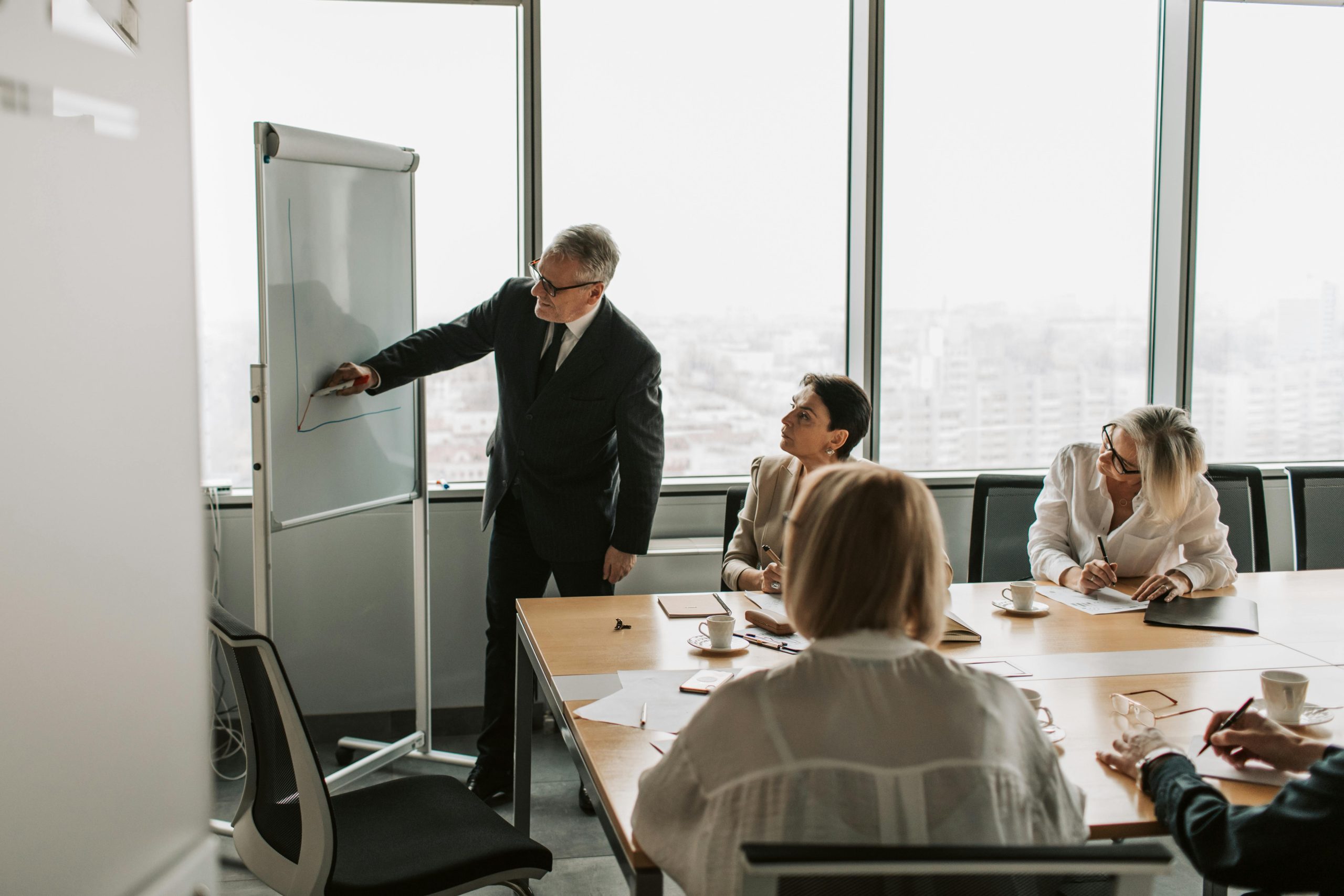 Leader talking with a small group at a whiteboard