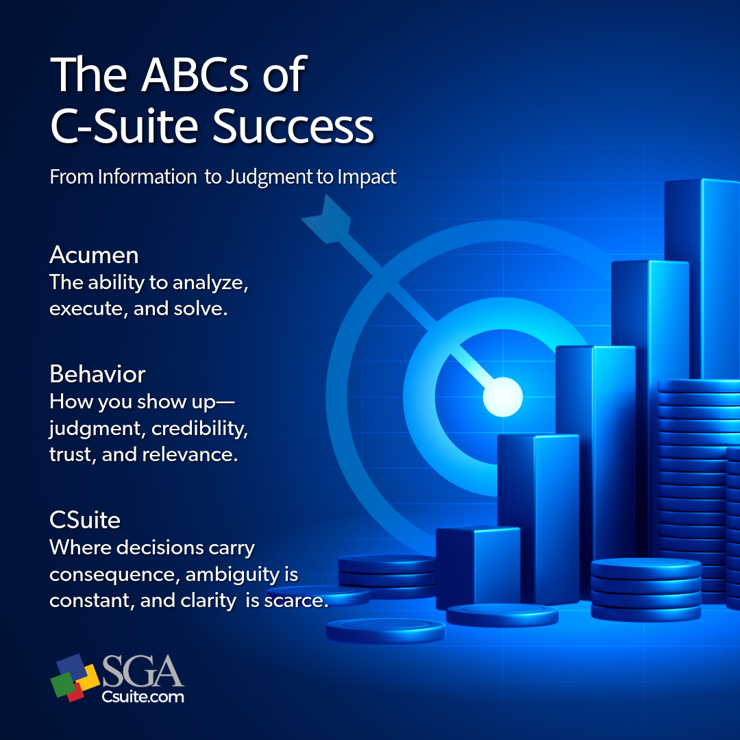 Blue promotional graphic titled 'The ABCs of C-Suite Success' outlining Acumen, Behavior, and CSuite with supporting abstract graphs and stacks of coins.