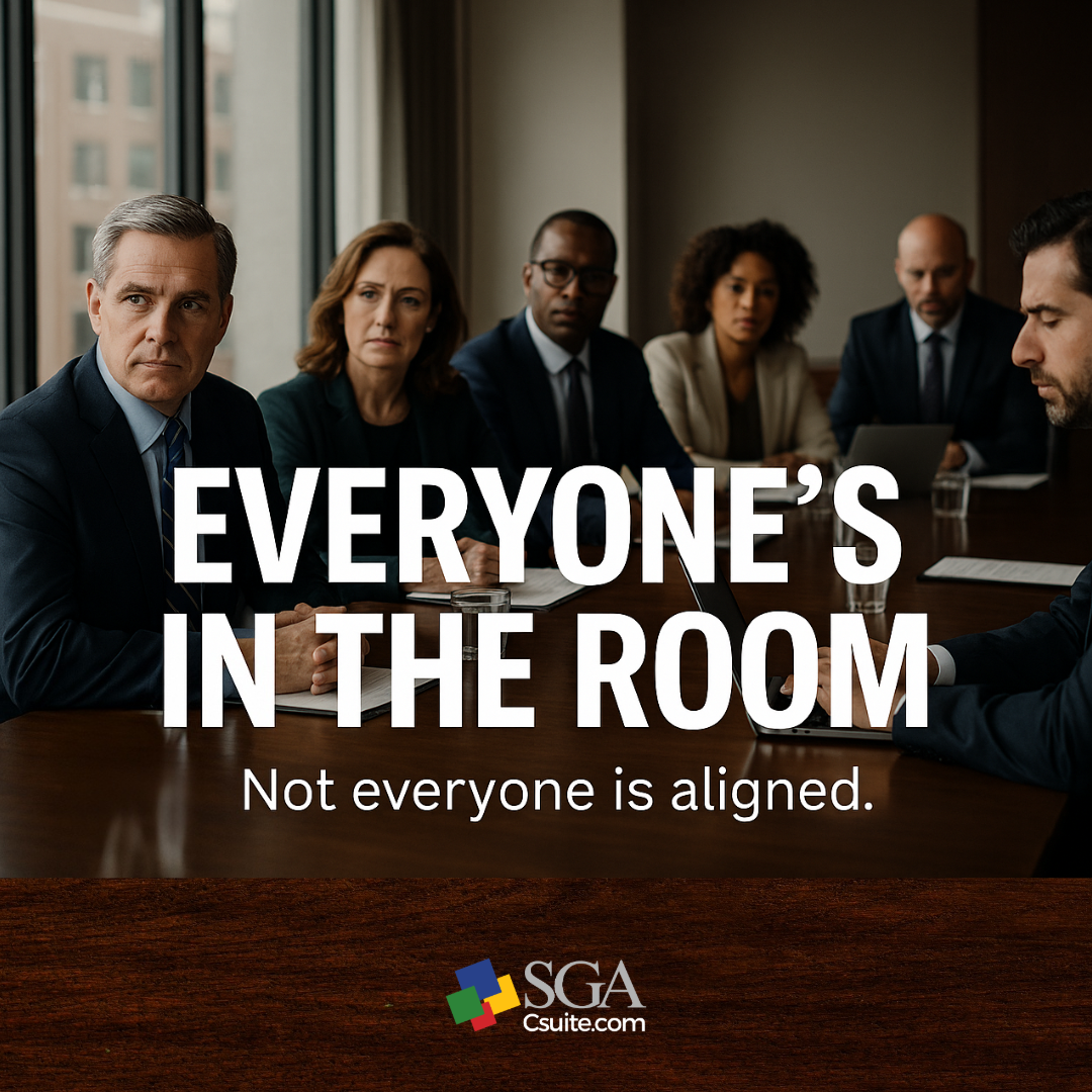Diverse group of executives seated around a conference table, with overlaid text: 'Everyone's in the room' and 'Not everyone is aligned', plus a company logo at the bottom.