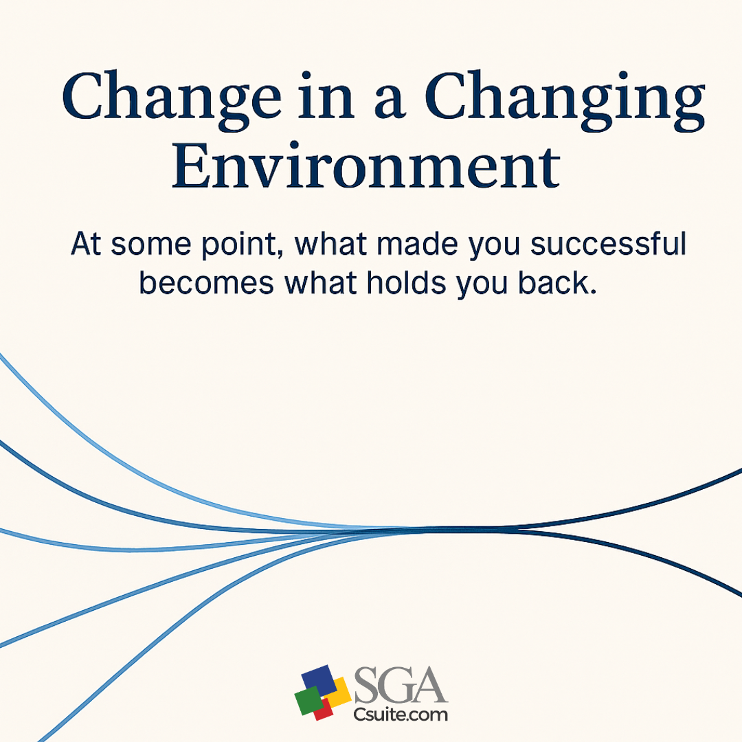 Slide with title 'Change in a Changing Environment' and subtitle about past success becoming a constraint; SGA Csuite logo at bottom.