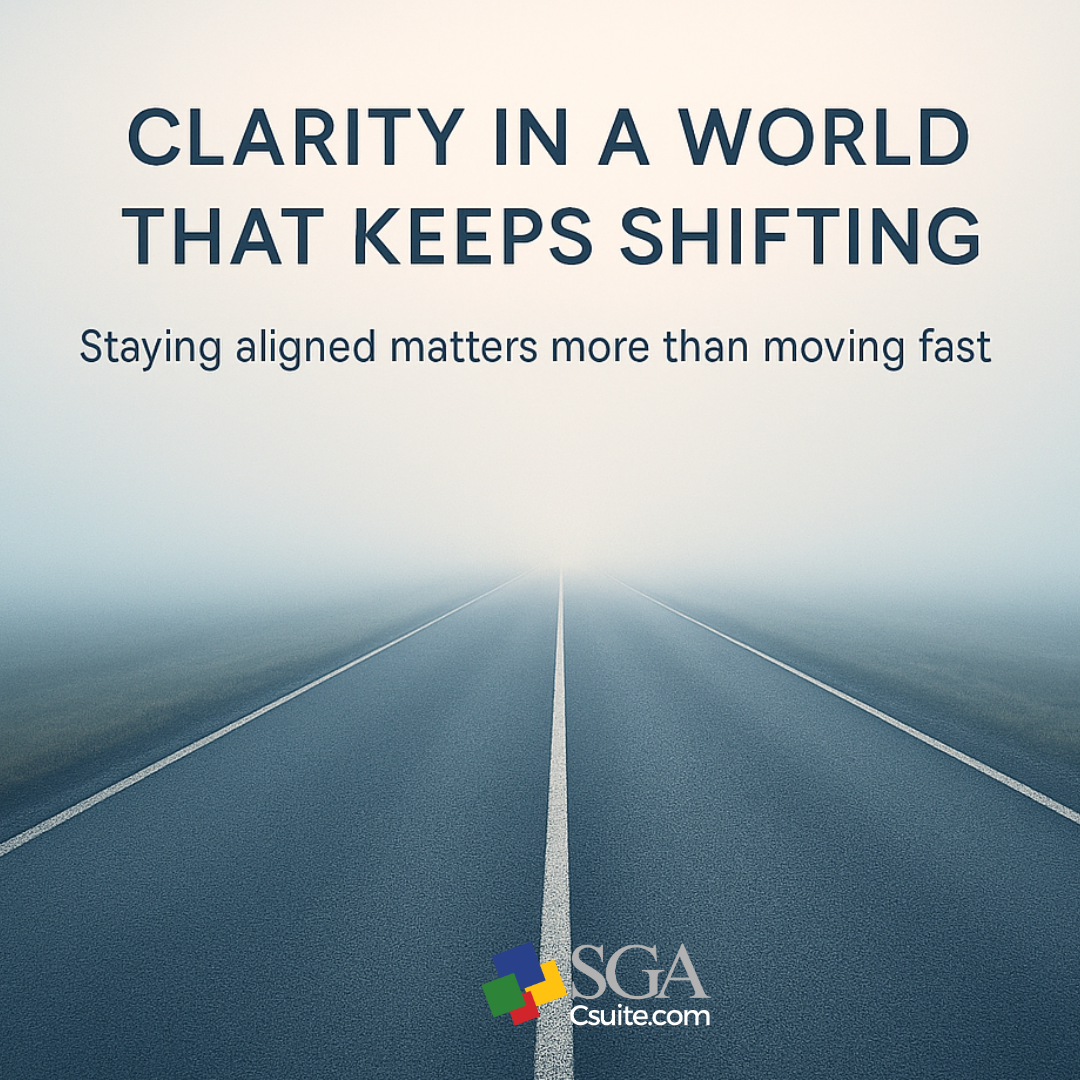 Banner with a long road fading into fog; title reads 'Clarity in a world that keeps shifting' and subtitle 'Staying aligned matters more than moving fast'; SGA logo at bottom.