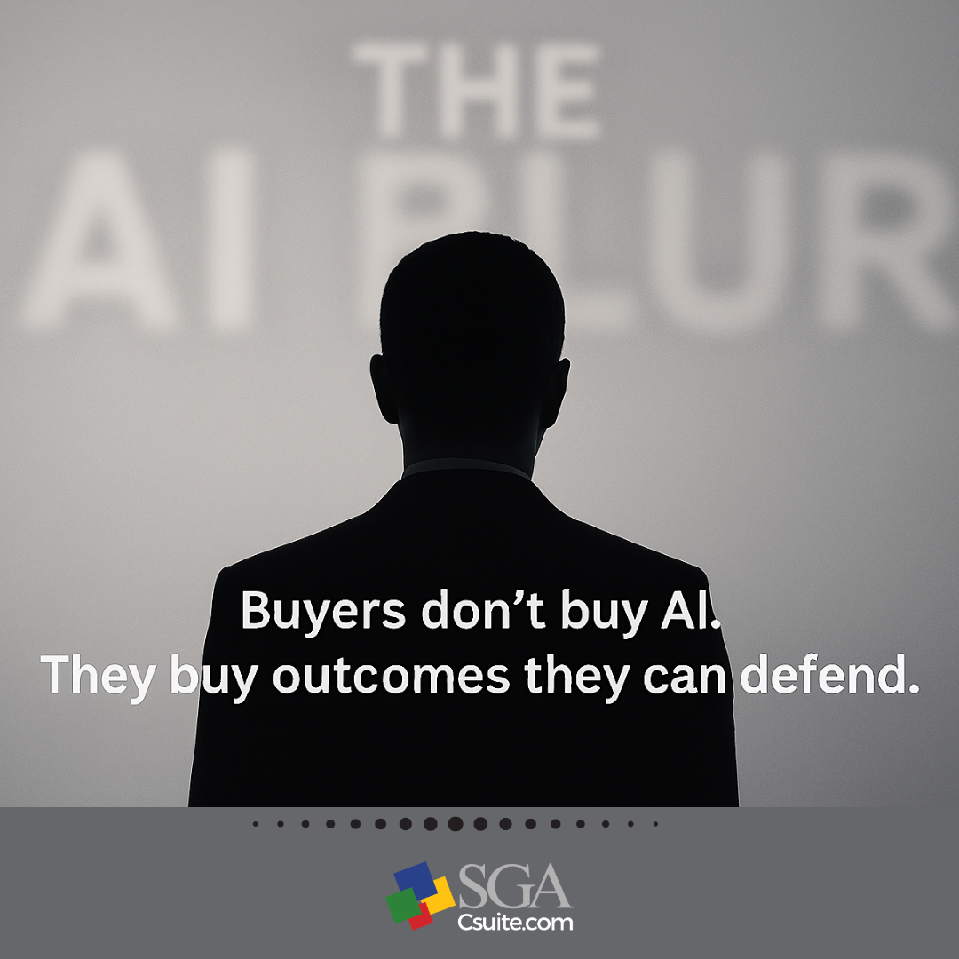 Silhouette of a businessperson from behind with the quote “Buyers don’t buy AI. They buy outcomes they can defend.” and the SGA Csuite logo at the bottom.