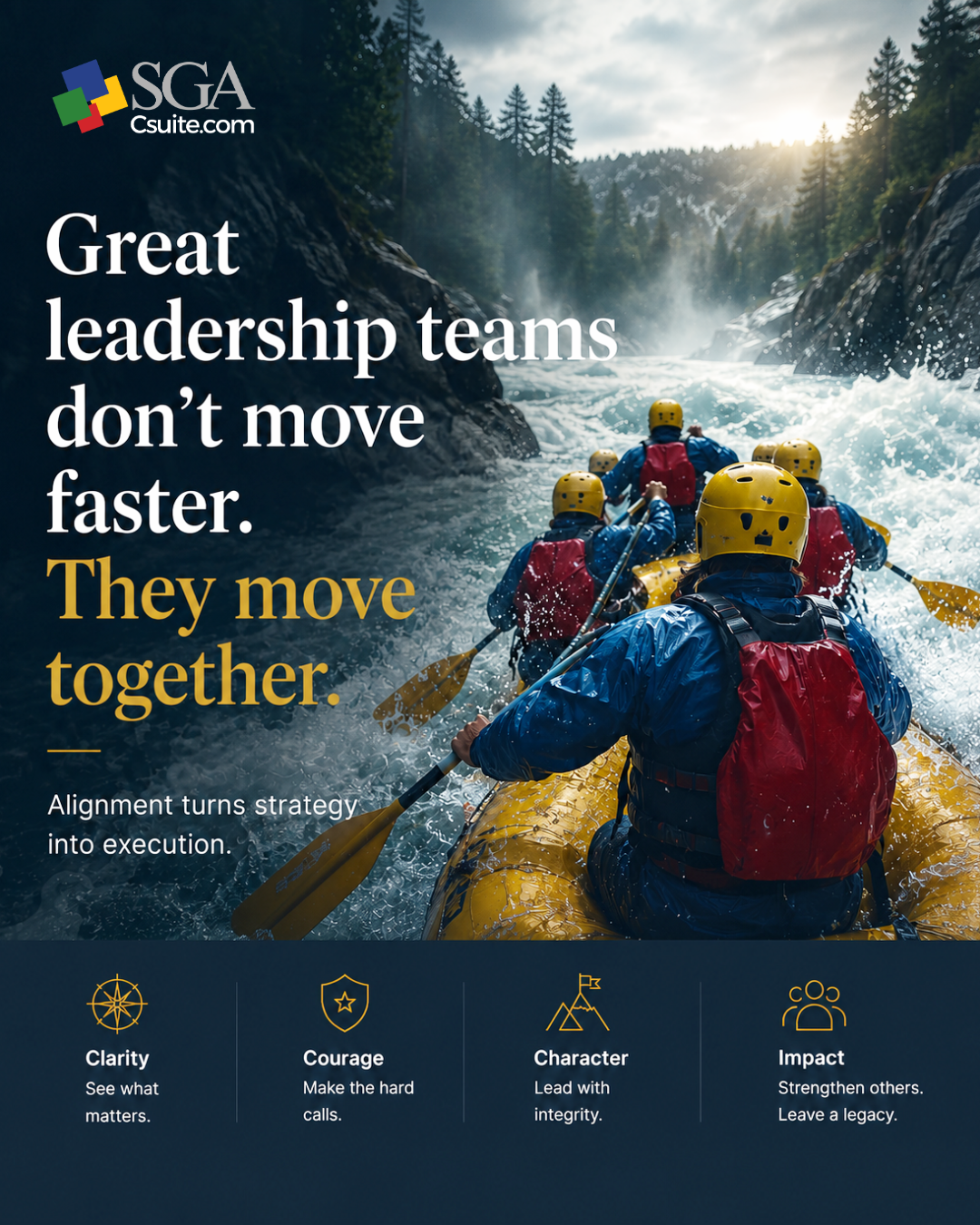 Rafting team in yellow helmets paddles through rapids; bold leadership quote on the left and SGA Csuite logo top left.