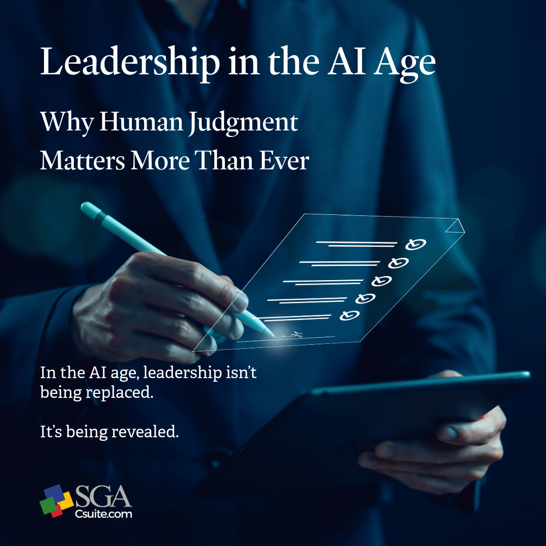 Hero image for an article: title 'Leadership in the AI Age' with a hand writing on a translucent checklist above a tablet.