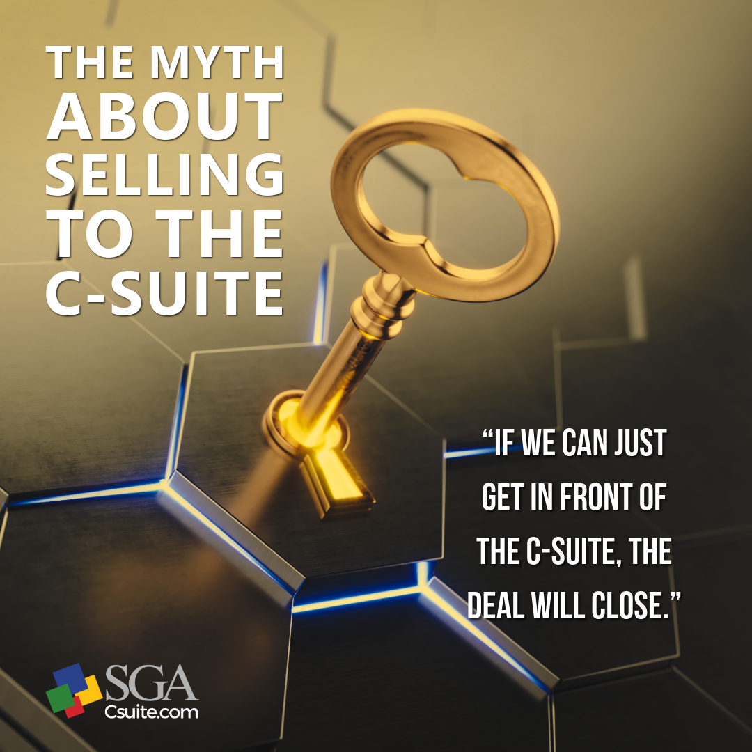 Gold key resting on a futuristic hexagonal puzzle surface with the headline 'The Myth About Selling to the C-Suite' and a quote about getting in front of the C-Suite to close the deal.