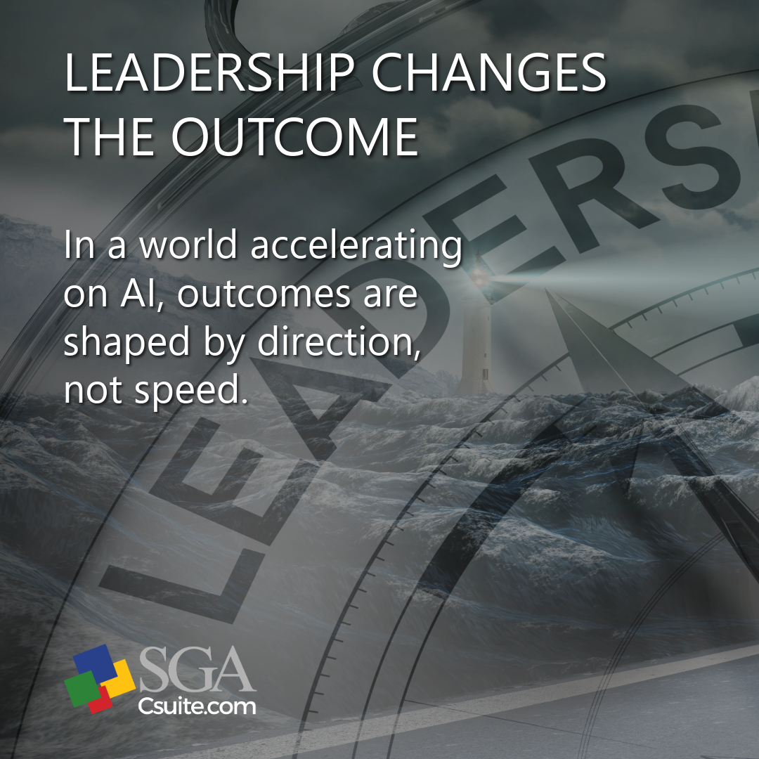 Headline hero: 'Leadership changes the outcome' over a compass and mountain background, with the subheading about AI-driven outcomes, and SGA Csuite logo in the corner.