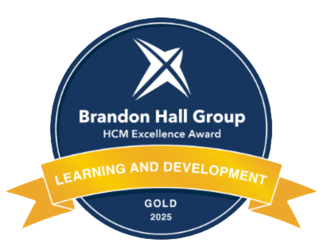 Brandon Hall Group HCM Excellence Award badge: Learning and Development, Gold 2025 (blue circle with yellow ribbon).