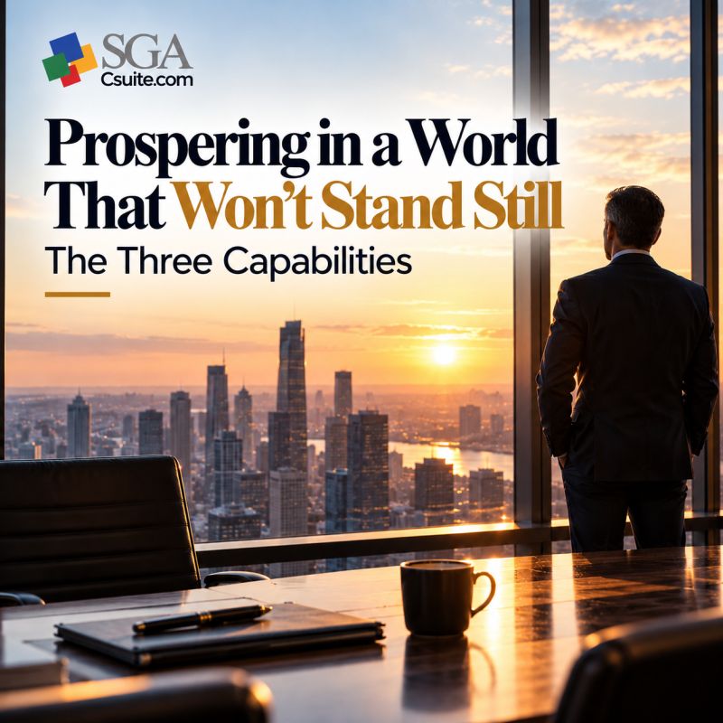 Prospering in a World That Won't Stand Still, The Three Capabilities, with a leader looking out over a city skyline